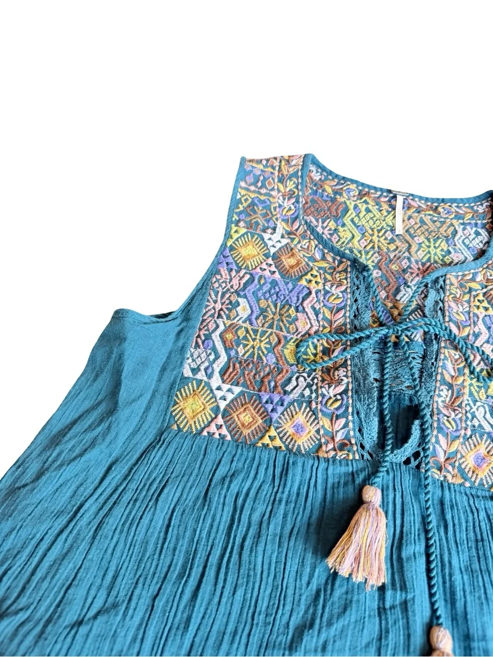 Free People Sleeveless Shirt Top Blouse Dark Teal Embroidered Boho Size Small